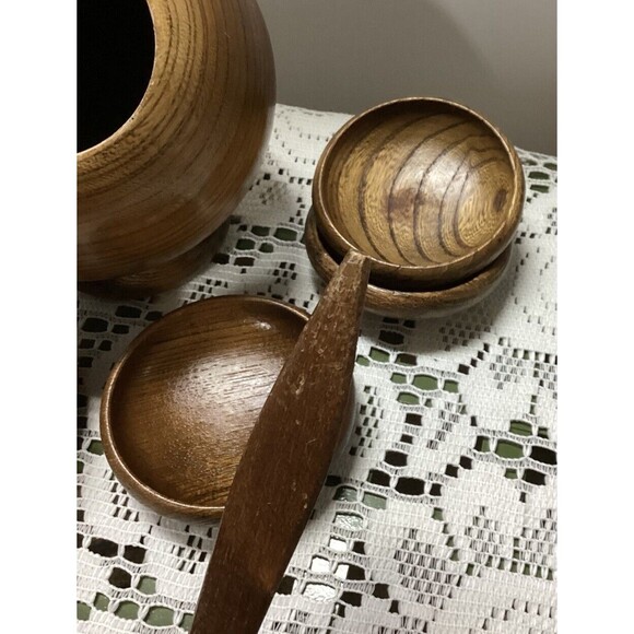 Vintage Mid Century Modern Atomic Wood Orb Sphere Serving Bowl 6 Bowls & Spoon - Picture 4 of 11